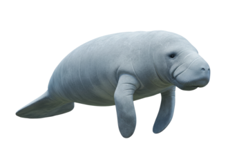 Isolated Manatee swimming with gentle expression and looking at viewer, marine mammal