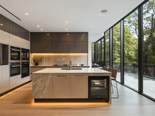 A luxurious interior was created by installing a recessed lamp above the island table