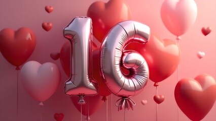 Celebratory decorations featuring pink and white balloons and the number 16 for a sweet sixteen birthday party
