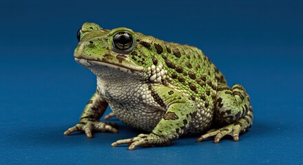 Obraz premium Close-up studio shot of a green frog with a bumpy texture, sitting on a blue surface.