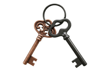 Isolated Old fashioned Skeleton Keys on Ring, Antique Keyring Accessory, Lock and Unlock