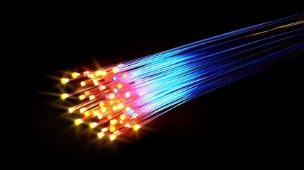 Obraz premium Vibrant fiber optic cables glowing with blue and orange light against a dark backdrop for modern technology and communication designs