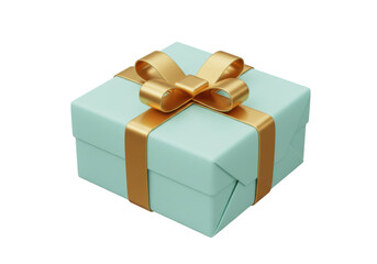 Isolated present with golden bow is wrapped in light green paper and ribbon for gift giving