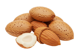 Isolated pile of whole almonds, shelled almond half, healthy snack food, protein source