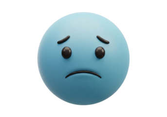 Isolated blue 3D sad emoji face expressing negative emotion looking down, a little bit disappointed