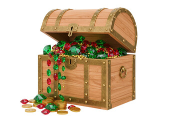 Isolated treasure chest, wooden trunk full of golden coins, emeralds and rubies gems wealth