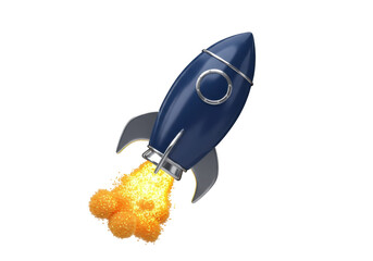 Isolated rocket ship blasting off with bright flames, ready for take off and exploration