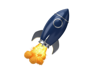 Isolated rocket ship blasting off with bright flames, ready for take off and exploration