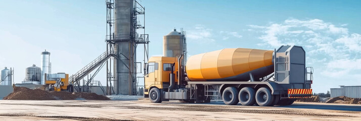 Large dump truck near the concrete factory. Car tonar for transportation of heavy bulk cargo