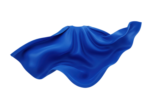 Isolated flowing blue cape in motion, billowing fabric effect with dynamic folds and textures