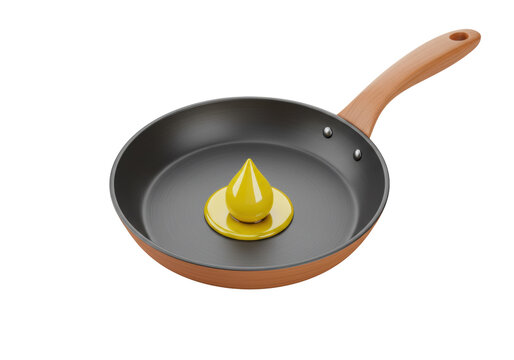Isolated frying pan with yellow butter or oil drop for cooking and frying, food preparation