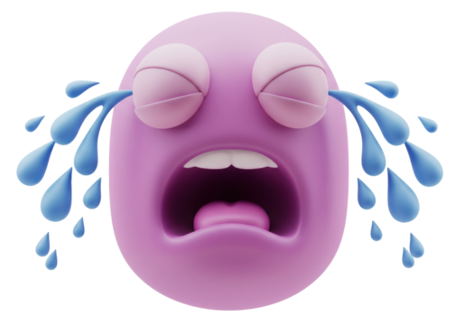 Isolated purple emoji character expressing crying and sadness, with teardrops coming from closed eyes