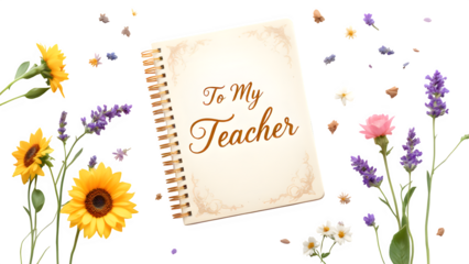 Teacher Appreciation Notebook with Flowers, isolated on transparent background