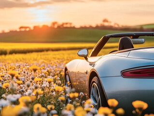 Summer car on road with golden sunset light and yellow blurred flowers