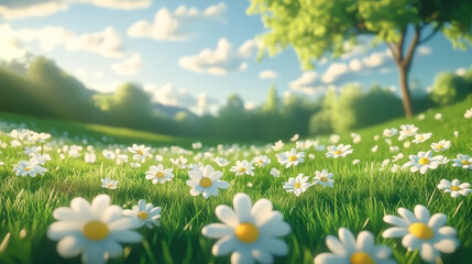 Flowers daisies in summer spring meadow on background blue sky with white clouds