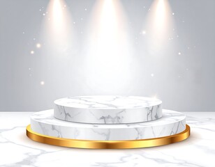 Elegant 3D Marble Podium with Golden Accents Illuminated by Spotlights