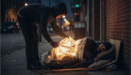 Silent Compassion: An act of kindness unfolds in the cold of night as one person offers warmth to another. The image captures a moment of humanity, empathy, and silent compassion.