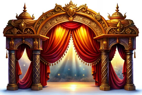 Ornate golden archway with rich red curtains and dramatic lighting