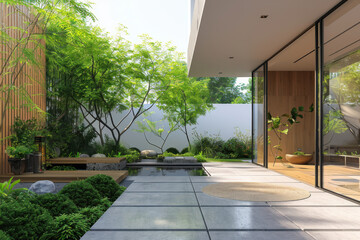 house with wooden door and empty white wall