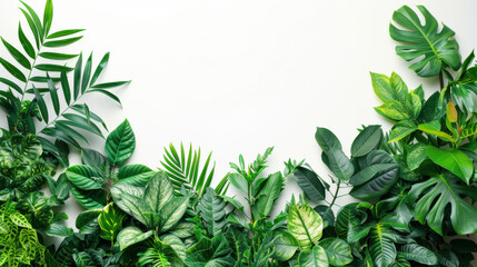 Green flat lay tropical palm leaf branches on white background. Room for text, copy