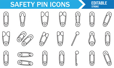 Simple line art safety pin vector icons for secure fastener illustrations