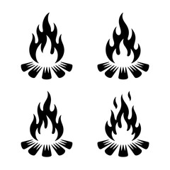 Four stylized campfire flame line art illustrations; minimalist, dark background, design elements.