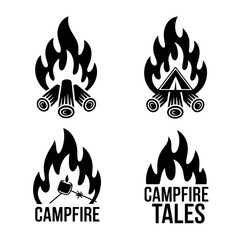 Campfire Icons:  Four Retro Line Art Designs,  Camping, Storytelling,  Adventure Theme,  Black Background.