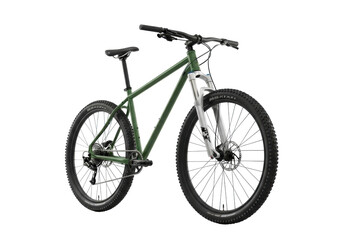 Robust forest-green mountain bike with wide knobby tires, silver suspension fork, clean, sharp focus on transparent studio background, ready for adventure concept