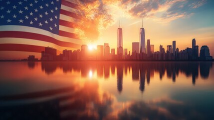 Stunning Urban Skyline at Sunset with American Flag Overlay Reflecting in Water