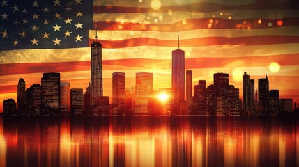 Stunning Urban Skyline at Sunset with American Flag Overlay Reflecting in Water