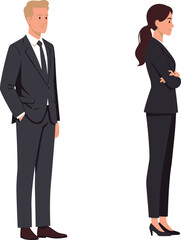 Business professionals standing confidently in formal attire, male and female office colleagues, corporate team concept, workplace diversity illustration vector