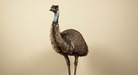 A full-body shot of an emu, a large flightless bird native to Australia, standing upright against a plain, light-colored background.