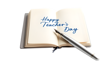 Happy Teacher's Day greeting with pen and open book, isolated on transparent background