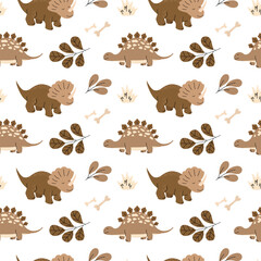 Fototapeta premium Cute Brown Dinosaur Seamless Pattern with Leaves and Bones