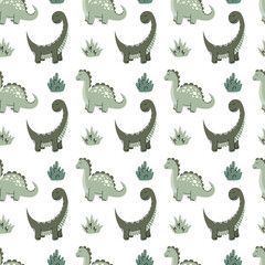 Seamless Green Dinosaur Pattern on White Background