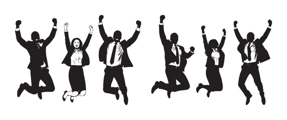 Silhouettes of six business people, three men and three women, jumping in the air with raised arms, celebrating success and achievement in a dynamic and joyful pose.