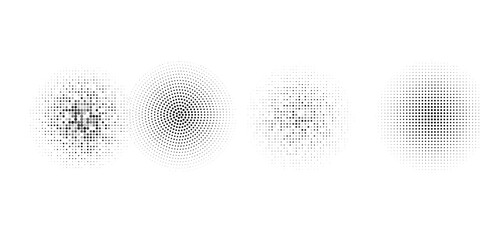 Set of dotted circles with halftone effect. Collection of round shapes with polka dot pattern isolated on white background. Simple design elements. Vector graphic ... See More halftone modern