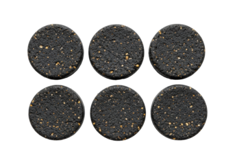 Six charcoal grey nutrient biscuits with amber flecks, 2x3 grid on transparent, copy space, soft studio light, emphasizing order and precision, concept of essential survival sustenance