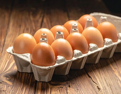 Carton of brown eggs on a wooden table
