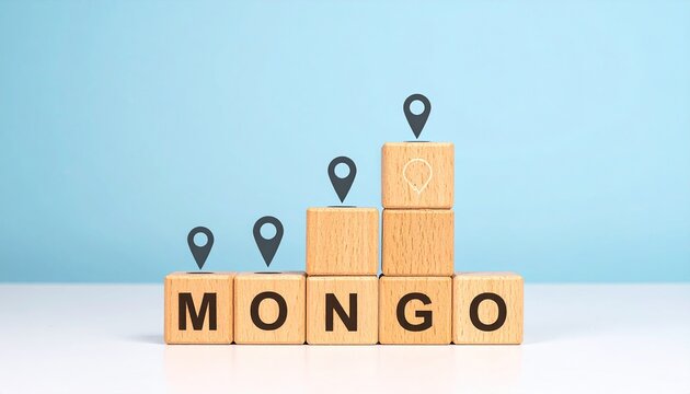 Wooden blocks arranged in a staircase form, each with a location marker.  Top block has a lightbulb icon.  Blocks spell out "MONGO