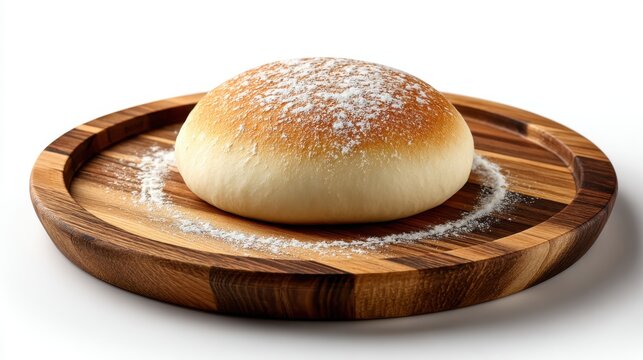 Freshly prepared round dough resting on a wooden plate ready for baking, inviting creativity in the kitchen