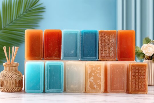 Colorful rectangular soaps arranged on a light marble surface