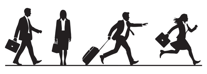 Silhouettes of business people in various states of movement, including walking, standing, and running with briefcases and luggage, depicting busy professional life.