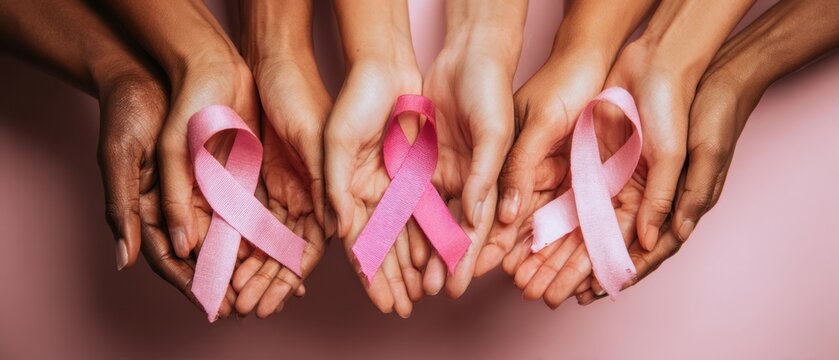 The Hands Holding Pink Ribbons for Breast Cancer Awareness and Support.