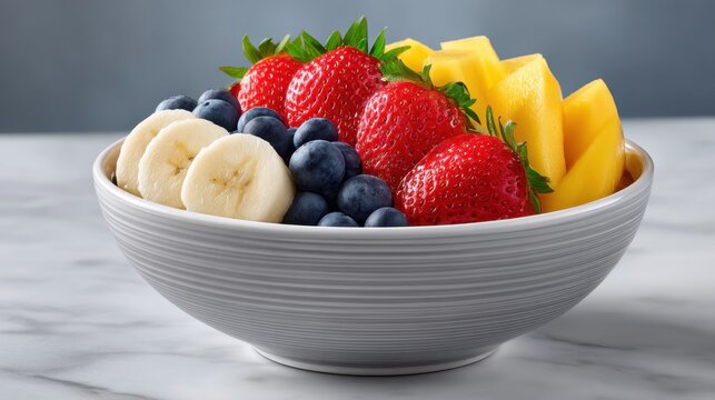Enjoying a refreshing tropical fruit smoothie bowl filled with vibrant strawberries, blueberries, bananas, and mango for a nutritious start to the day