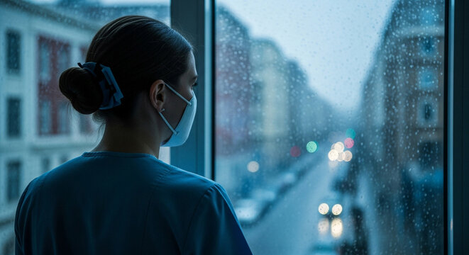 A woman in a medical uniform looks out a window on a rainy day, appearing thoughtful and pensive.