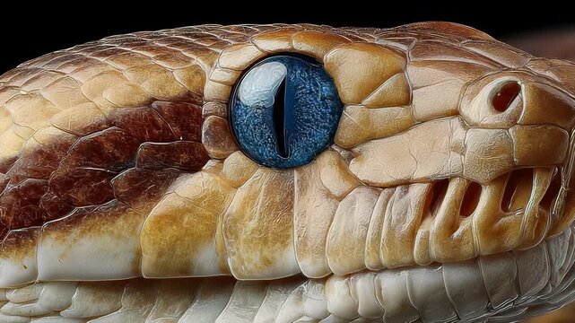 Close-up Portrait of a Ball Python Head with Detailed Scales and Striking Blue Eye, Exotic Pet Photography