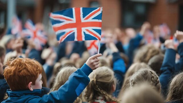 Close-up shot of a young boy with red hair joyfully waving a Union Jack flag amidst a crowd of children during a festive outdoor event.