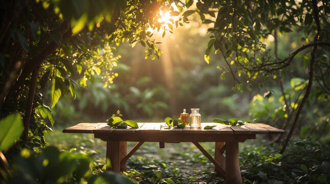 soft spring sunlight morning scene wooden garden table under leafy tree with petals and leaves gently moving in wind peaceful calm natural outdoor environment wallpaper background