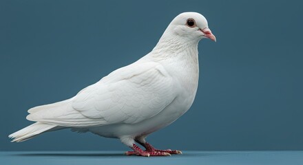 A pristine white dove stands gracefully against a serene blue background, showcasing its delicate features and peaceful demeanor.